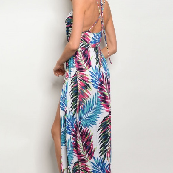 Tropical leaf Maxi Swim cover up dress w/ slits - Picture 3 of 4